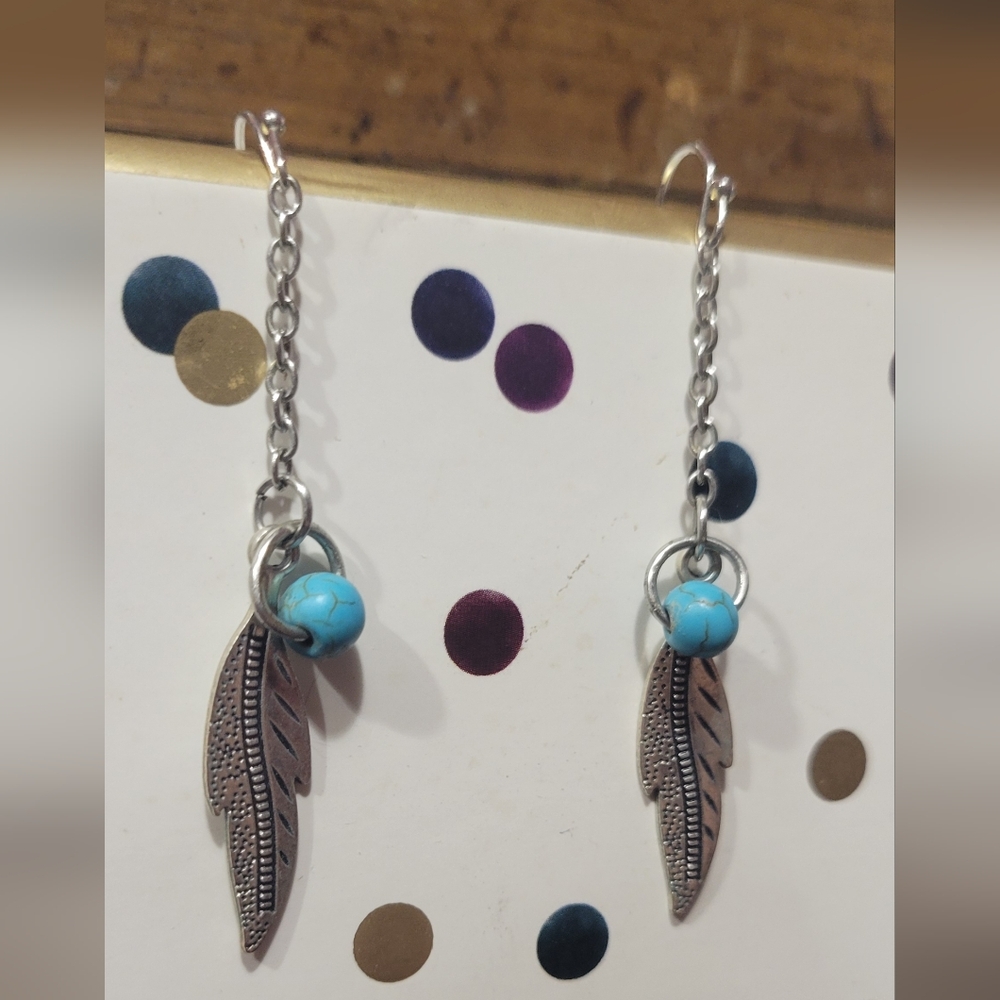 Silver Feather Earrings with Turquoise Beads